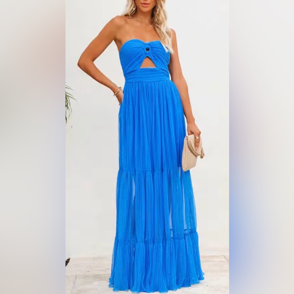 Vici Bright Blue Strapless Tiered Maxi Dress